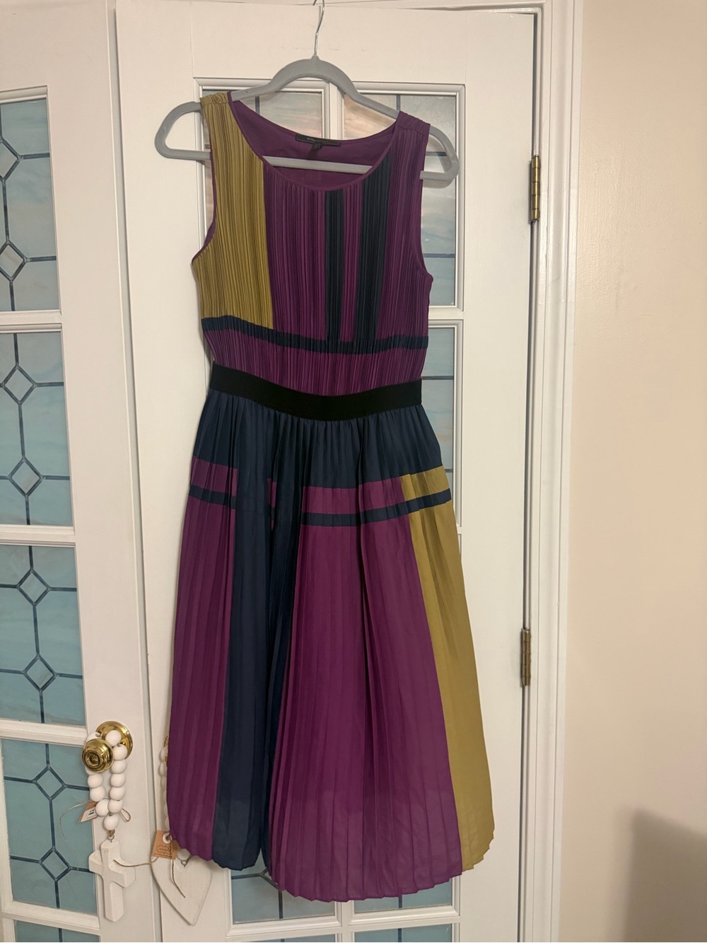 BCBGMaxAzria Purple, Navy & Mustard Pleated Sleeveless Midi Dress